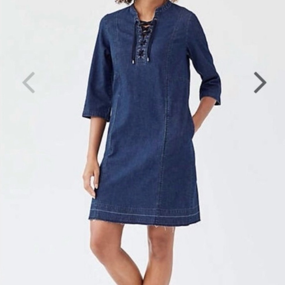 J.Jill Blue Denim Shift Dress Medium Raw Hem Lace-Up Neck 3/4 Sleeve Casual
